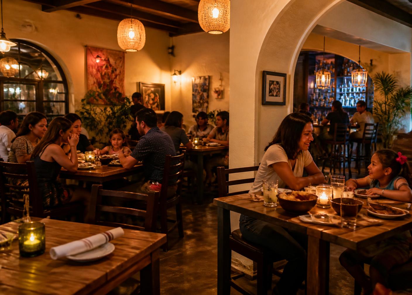 Families enjoying dinner in the warm dining room of a Mexican restaurant