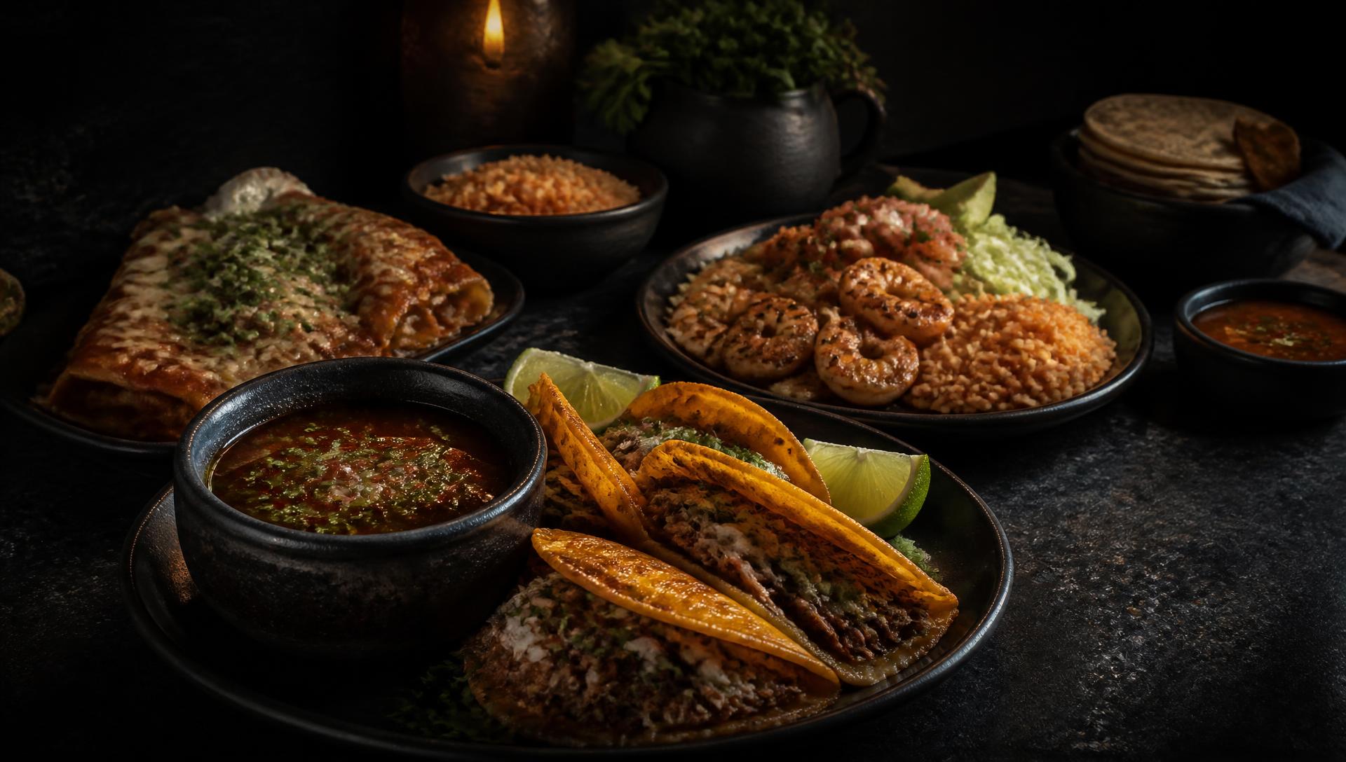Assortment of Mexican dishes including quesabirria, enchiladas and shrimp