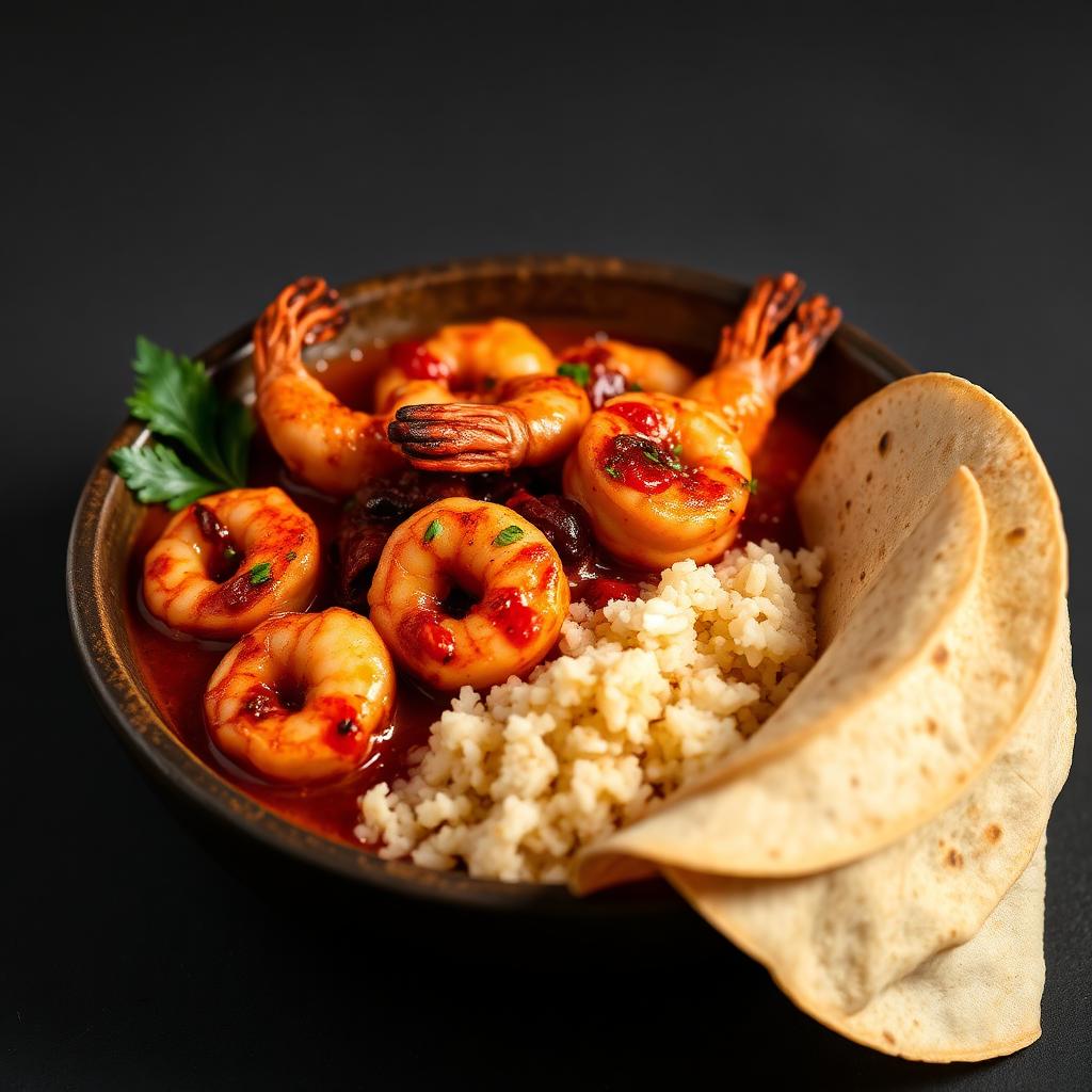Camarones a la diabla shrimp in spicy chile de arbol sauce with Mexican rice