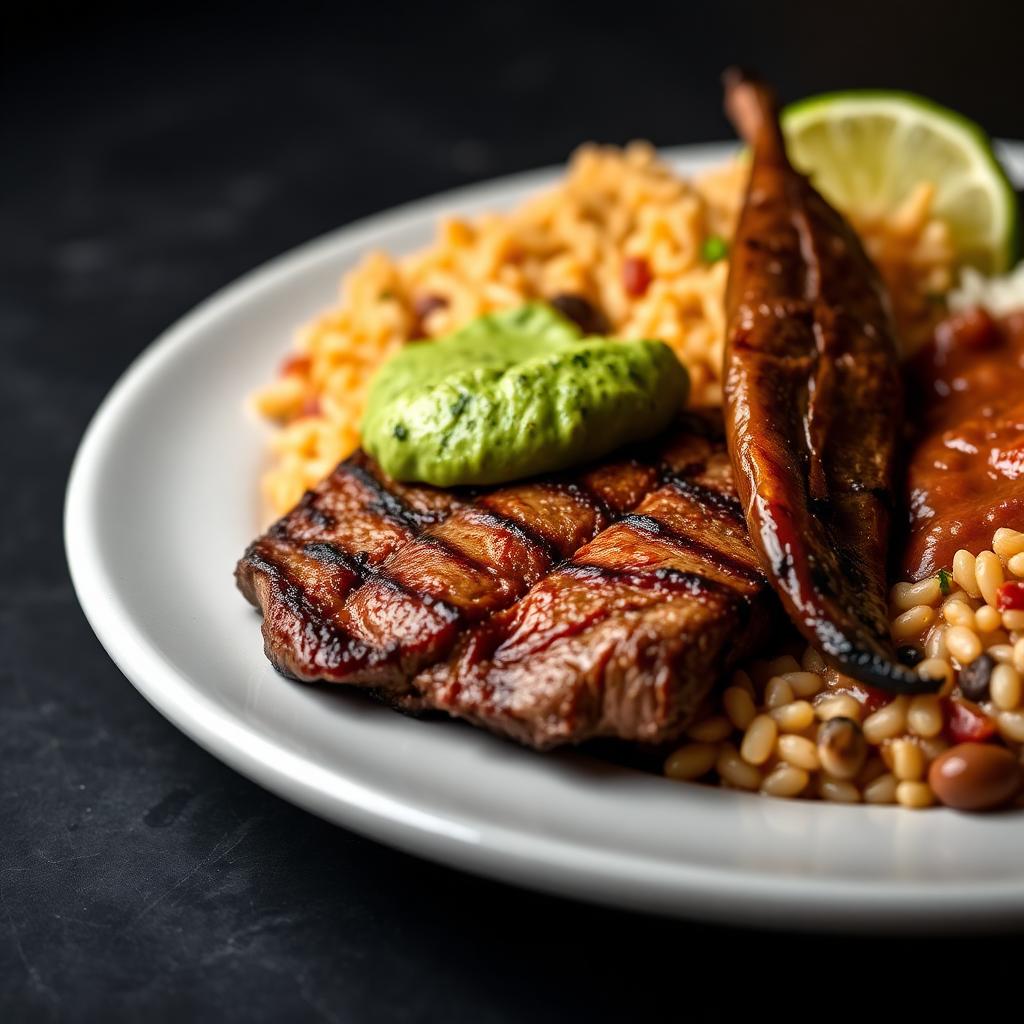 Marinated grilled carne asada with Mexican rice, refried beans and guacamole at Asuncion in Billings, MT