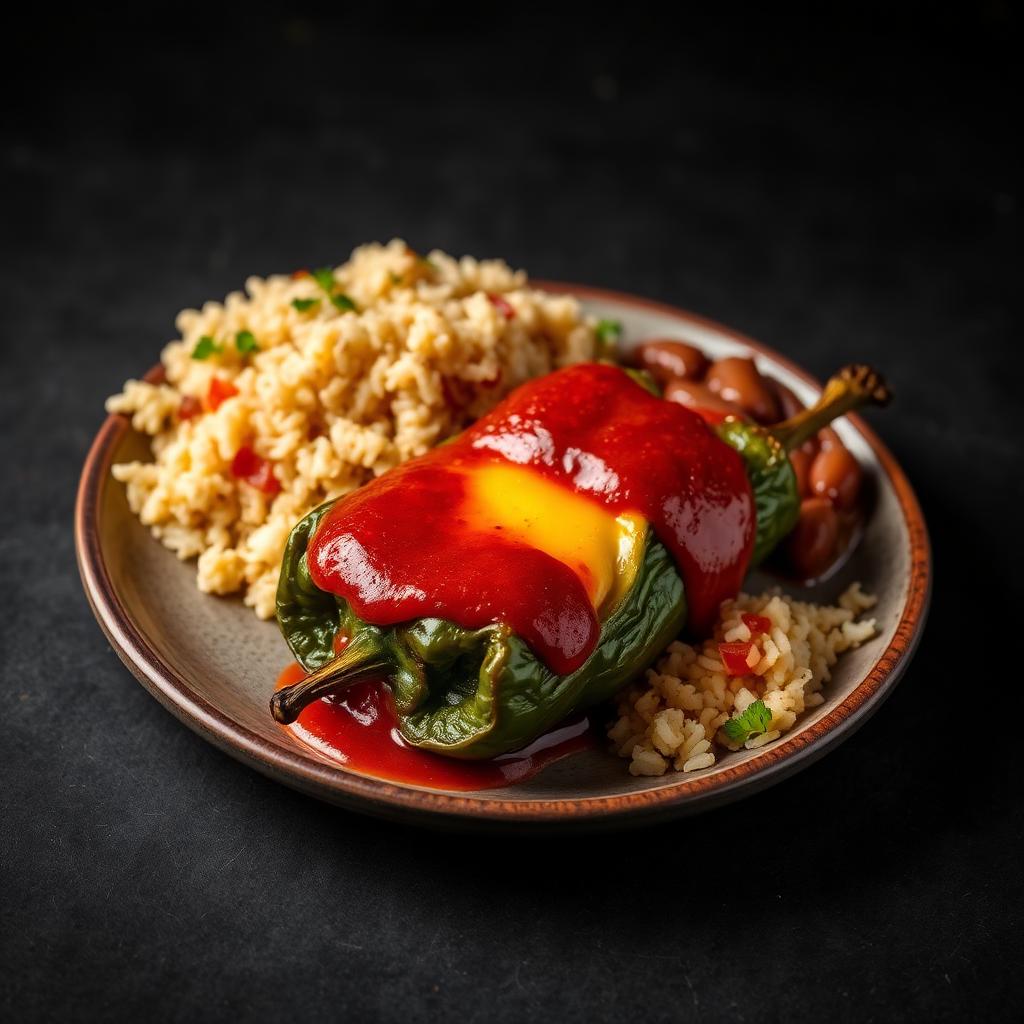 Chile relleno poblano pepper stuffed with cheese and topped with house sauce