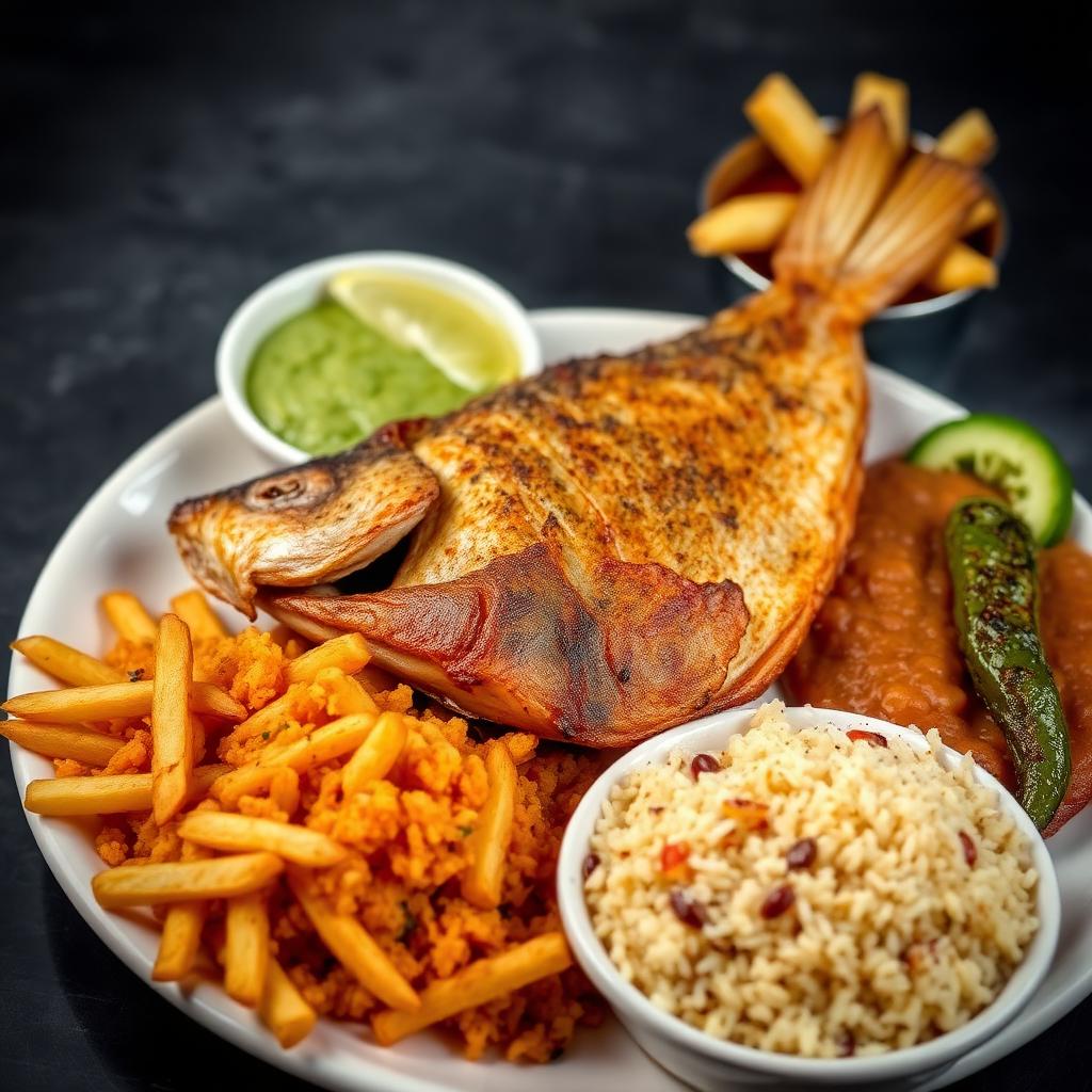 Whole fried tilapia mojarra with rice, beans, guacamole and French fries