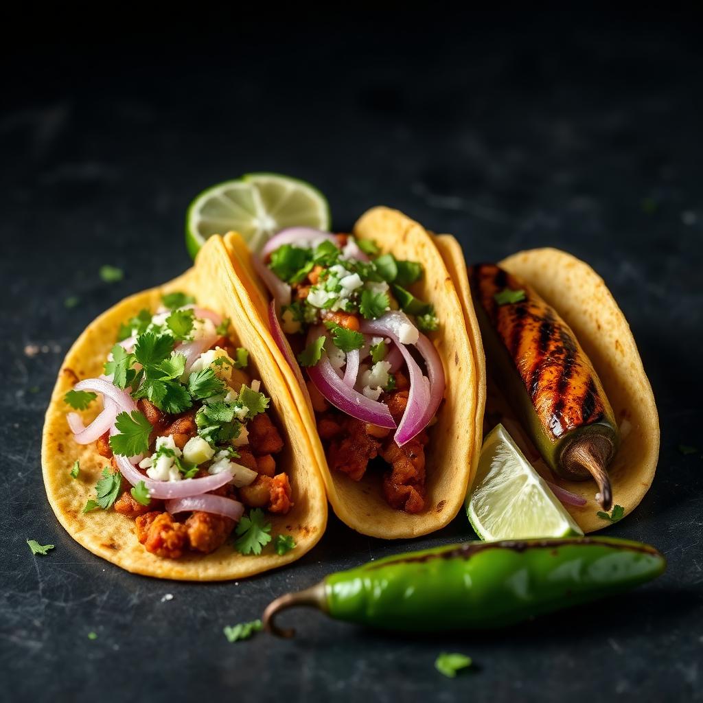 Three corn tortilla tacos with onion, cilantro and lime